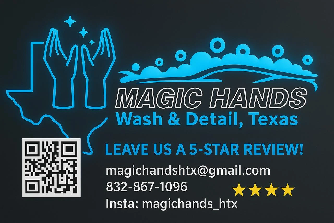 Magic Hands Wash and Detail contact card with hands and bubbles logo